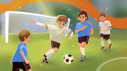 世界杯草地儿童踢足球插画