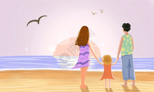 家庭旅游沙滩一家人高清图片