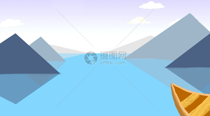 小清新几何山脉蓝天白云河流船只背景图片