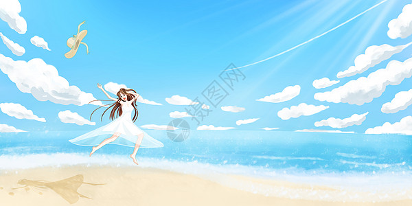 沙滩跳跃夏天去海边旅行的女孩插画