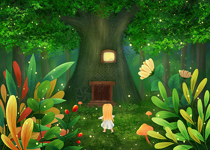 手绘儿童插画仲夏夜童话森林背景图片
