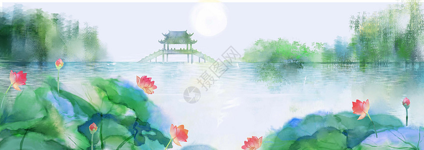 西湖长桥中国风荷花金景色插画