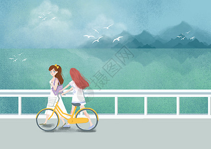 白的旅游素材海边漫步的女孩插画