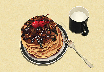 下午茶甜点樱桃巧克力酱松饼插画图片