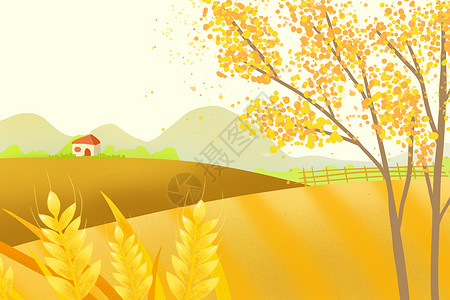 黄色系秋天金黄的麦田手绘插画背景图片