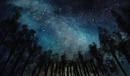 星空背景水彩树林高清图片