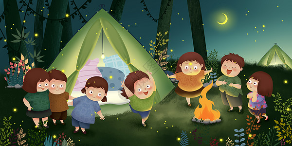 夜晚灯夏令营——与朋友们一起度过的快乐时光插画