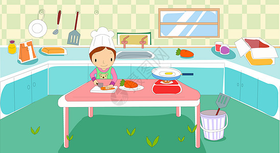 蜂窝纸箱厨房里做菜的小女孩插画