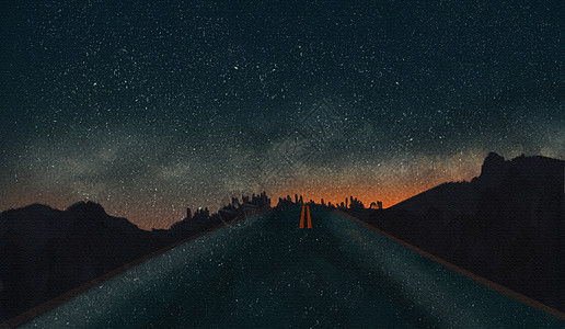 笔直伸向远方的道路星空背景插画