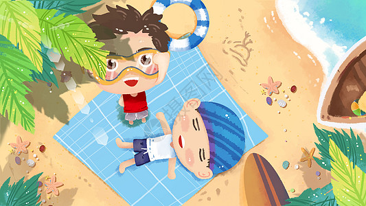 插画|国庆海边度假元素|在清新夏日阳光模板|夏季促销海报