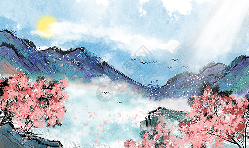 西藏自然风景林芝水墨画插画