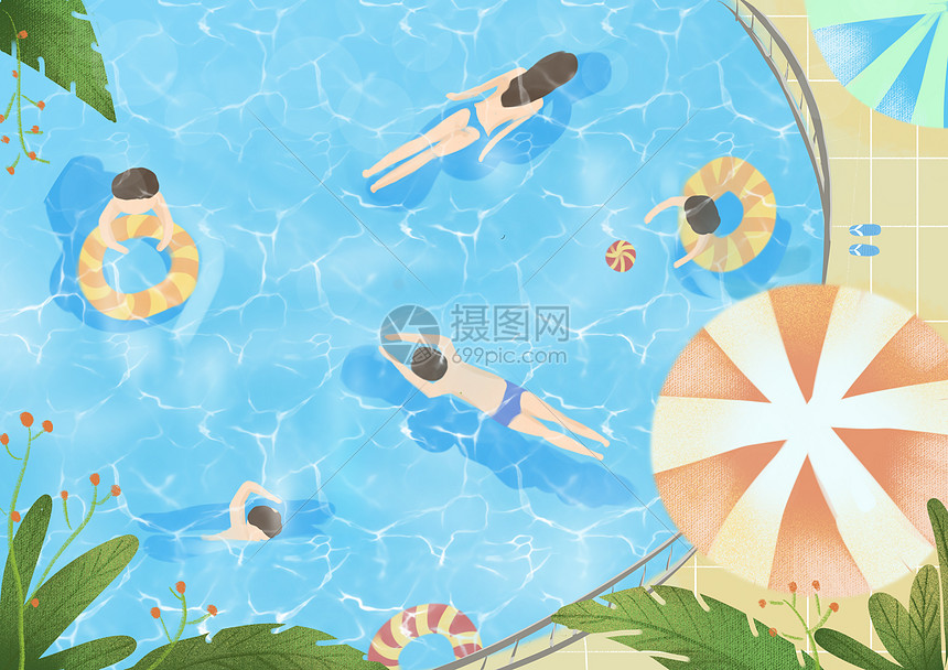 夏日游泳池插画图片