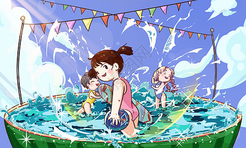 狂欢水夏日女孩戏水插画