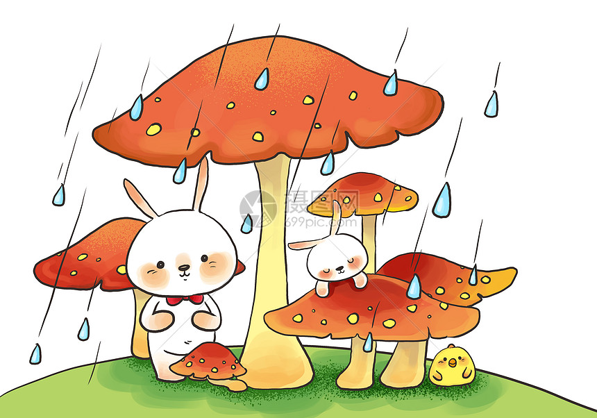 梅雨季蘑菇下的小兔子图片