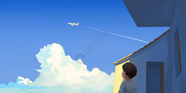 飞机云层童年夏日插画插画