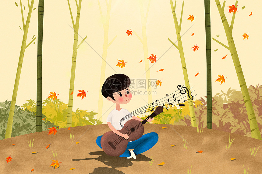 秋季小男孩在树林里弹吉他图片