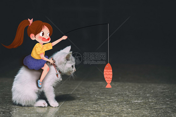 逗猫的女孩——创意摄影插画图片