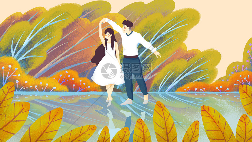 秋季情侣舞蹈插画图片
