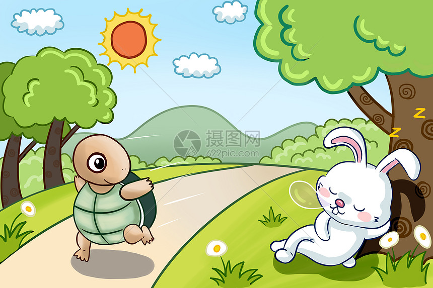 寓言故事 龟兔赛跑插画图片下载-正版图片400325942