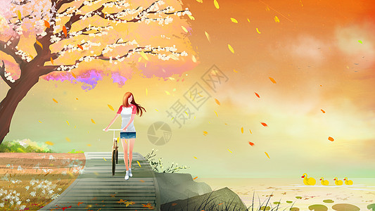 秋天在小桥上漫步的女孩背景图片