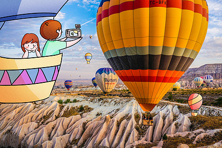秋日气球女孩创意摄影插画热气球旅行创意摄影插画插画