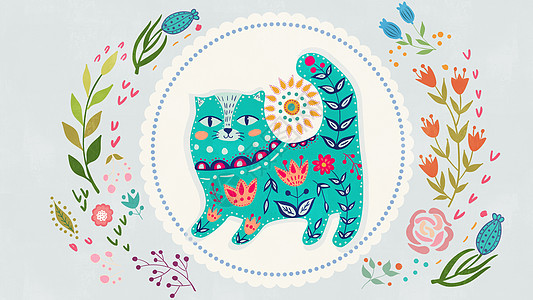 清新动物猫咪花环围绕插画图片