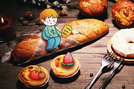 吃面包的小男孩创意摄影插画鸡蛋高清图片素材