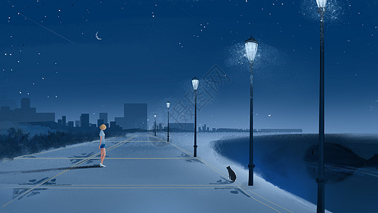城市月亮夜晚的路灯插画