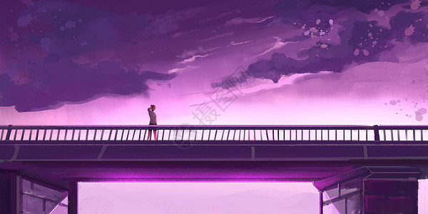 夕阳天桥唯美风景插画图片