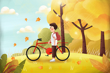 推着自行车的男孩背景图片