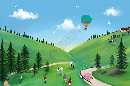 山热气球假期出游插画