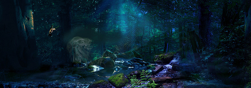 石头溪流电商森林背景设计图片