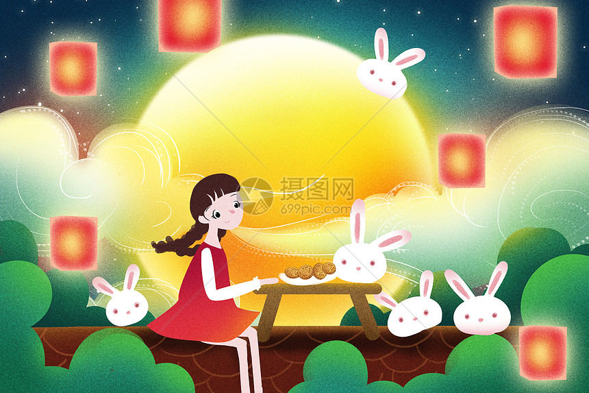 唯美中秋节插画图片