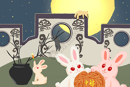 中秋月下玉兔团圆插画背景图片