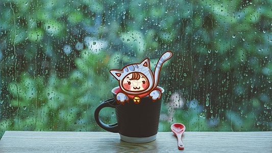 风雨相伴雨天水珠玻璃咖啡杯插画