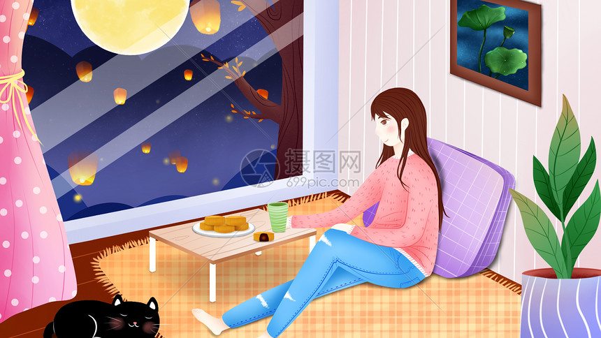 中秋节女孩吃月饼室内插画图片