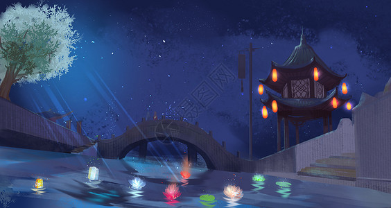 孟兰盆节河灯背景图片