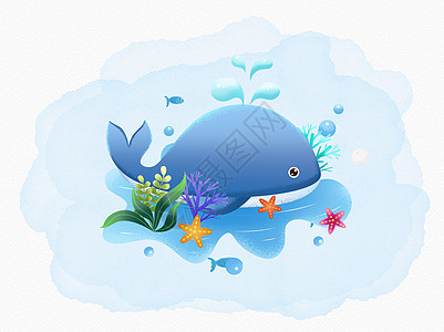 鲸鱼线条可爱的蓝色鲸鱼插画