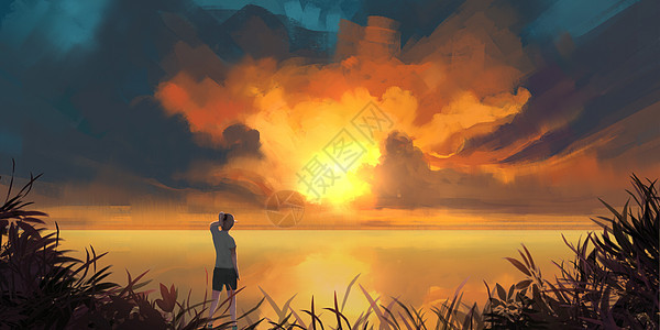 夕阳河边插画图片