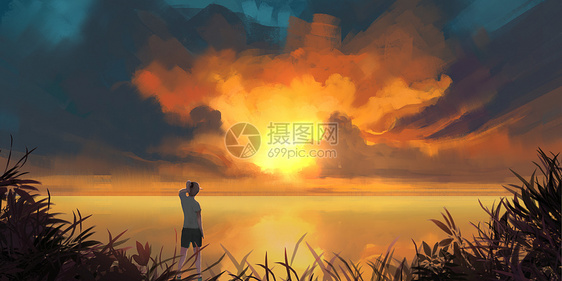 夕阳河边插画图片