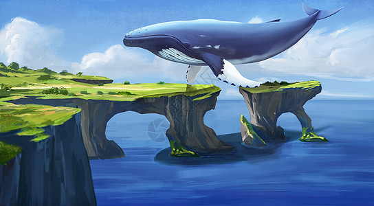 小岛上空的鲸鱼背景图片