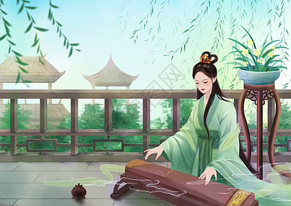 中国美女仕女弹古筝插画