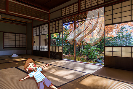 日本 枫叶日本庭院和榻榻米插画