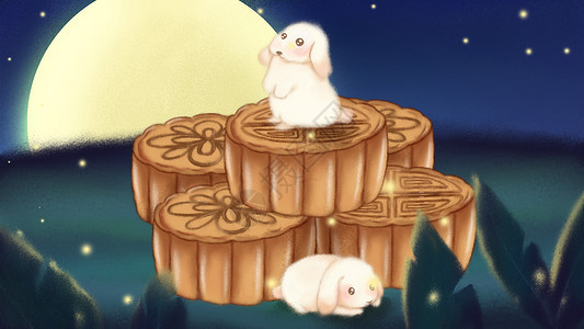 中秋节月饼玉兔圆月插画图片