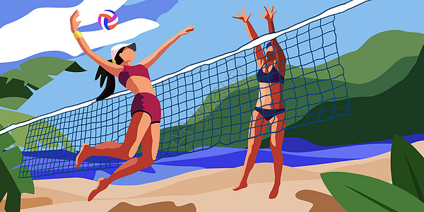 运动女沙滩排球比赛插画