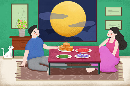 青年夫妻吃月饼两个人赏月插画
