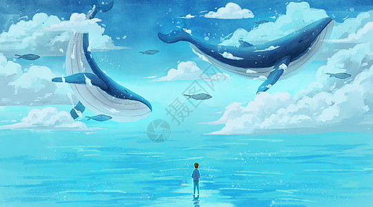 鲸鱼与少年与鲸鱼相伴插画高清图片