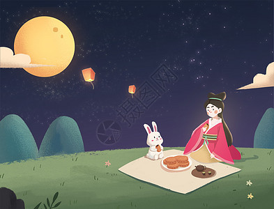 中秋节吃月饼赏月卡通高清图片素材
