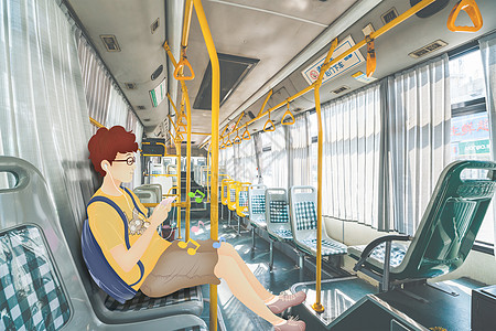开学季公交车上玩手机高清图片