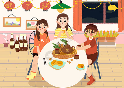 餐桌美食中秋节聚会插画